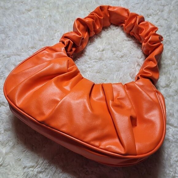 Orange Cloud Pleated Scrunch Vegan Leather Mini Banana Handbag - Picture 3 of 6